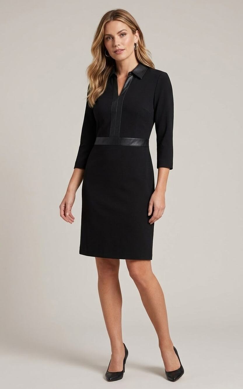 Talbots Faux Leather Trim Ponte Dress Women's Sz 8 Black Corporate Office NEW